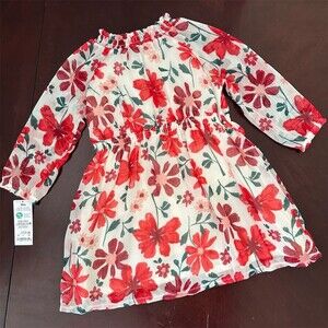 CARTERS Baby Girls Red & White Floral Long Sleeve Spring Garden Dress Size 18M